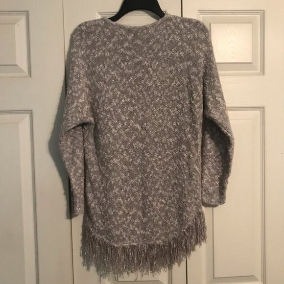 SAKS FIFTH AVENUE Size X-Small Gray Cream Marled Tunic Sweater Fringe Crewneck - Picture 7 of 8